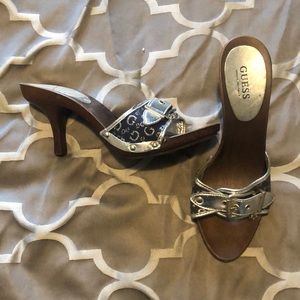Guess Silver and blue wooden heels size 8